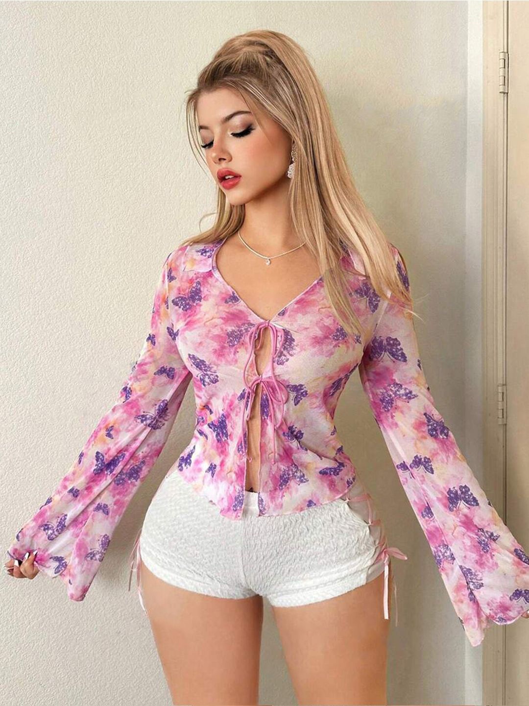 

TANDUL Women Floral Printed Tie-Up Neck Top, Purple