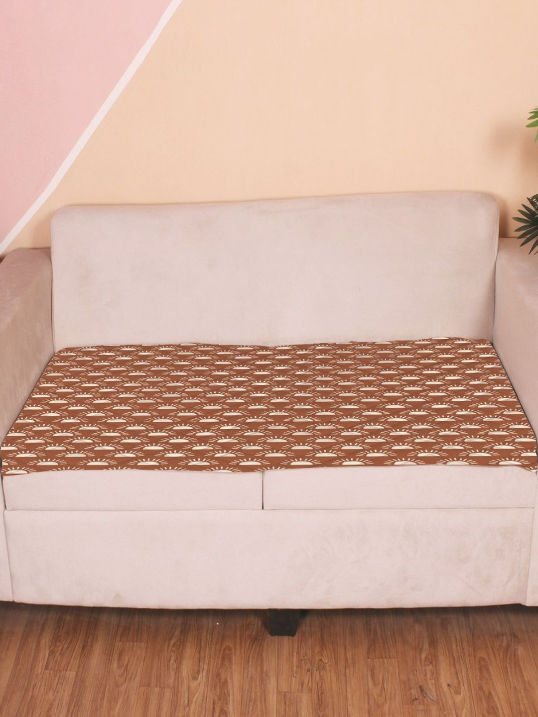 

STITCHNEST Brown & White Geometric Printed Velvet 2 Seater Anti Slip Sofa Cover
