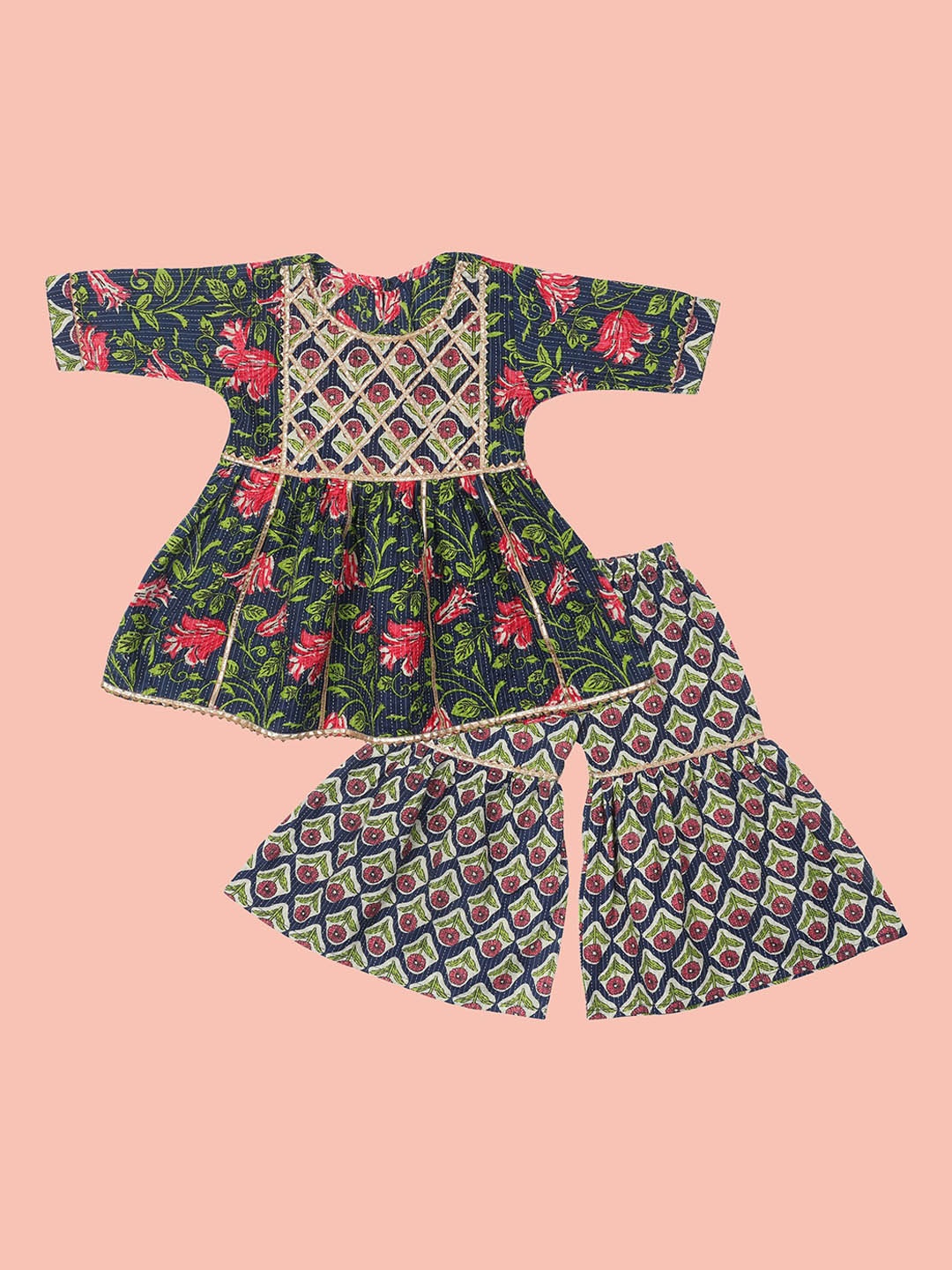 

Arshia Fashions Girls Floral Printed Gotta Patti Anarkali Kurti with Sharara, Blue