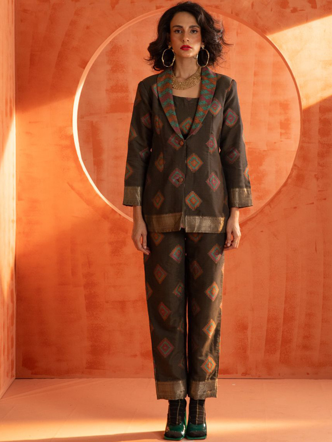 

Indethnic Geometric Woven Design Shawl Neck Blazer With Top & Trousers, Green