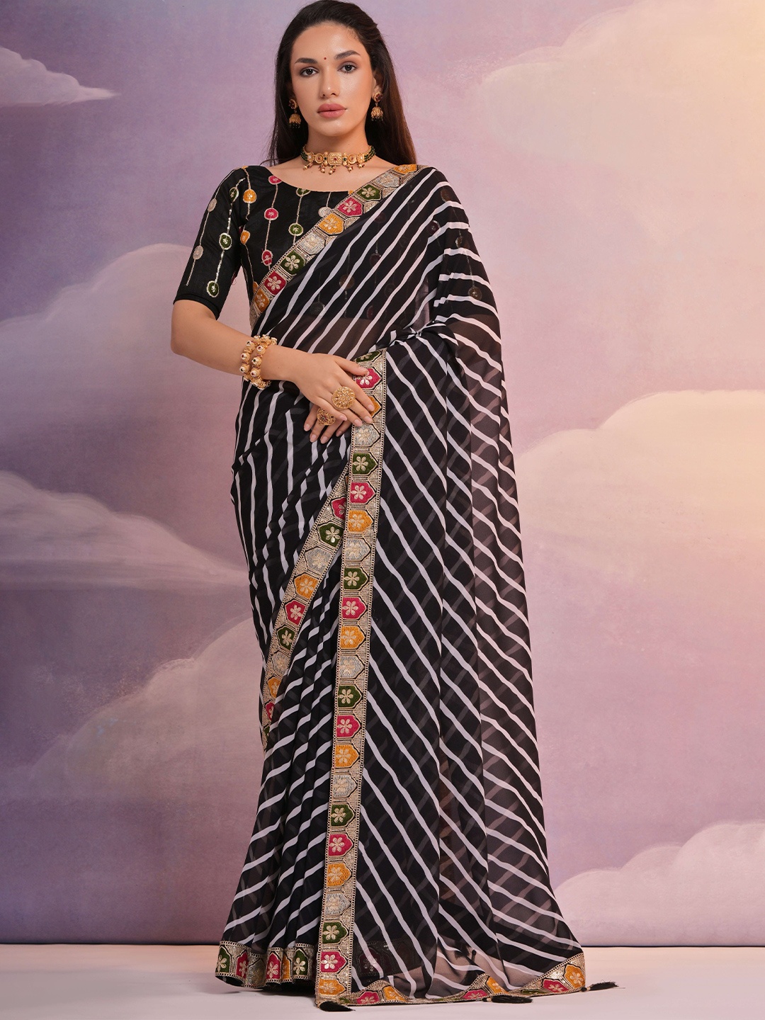 

Krimmple Leheriya Embroidered Pure Georgette Saree, Black