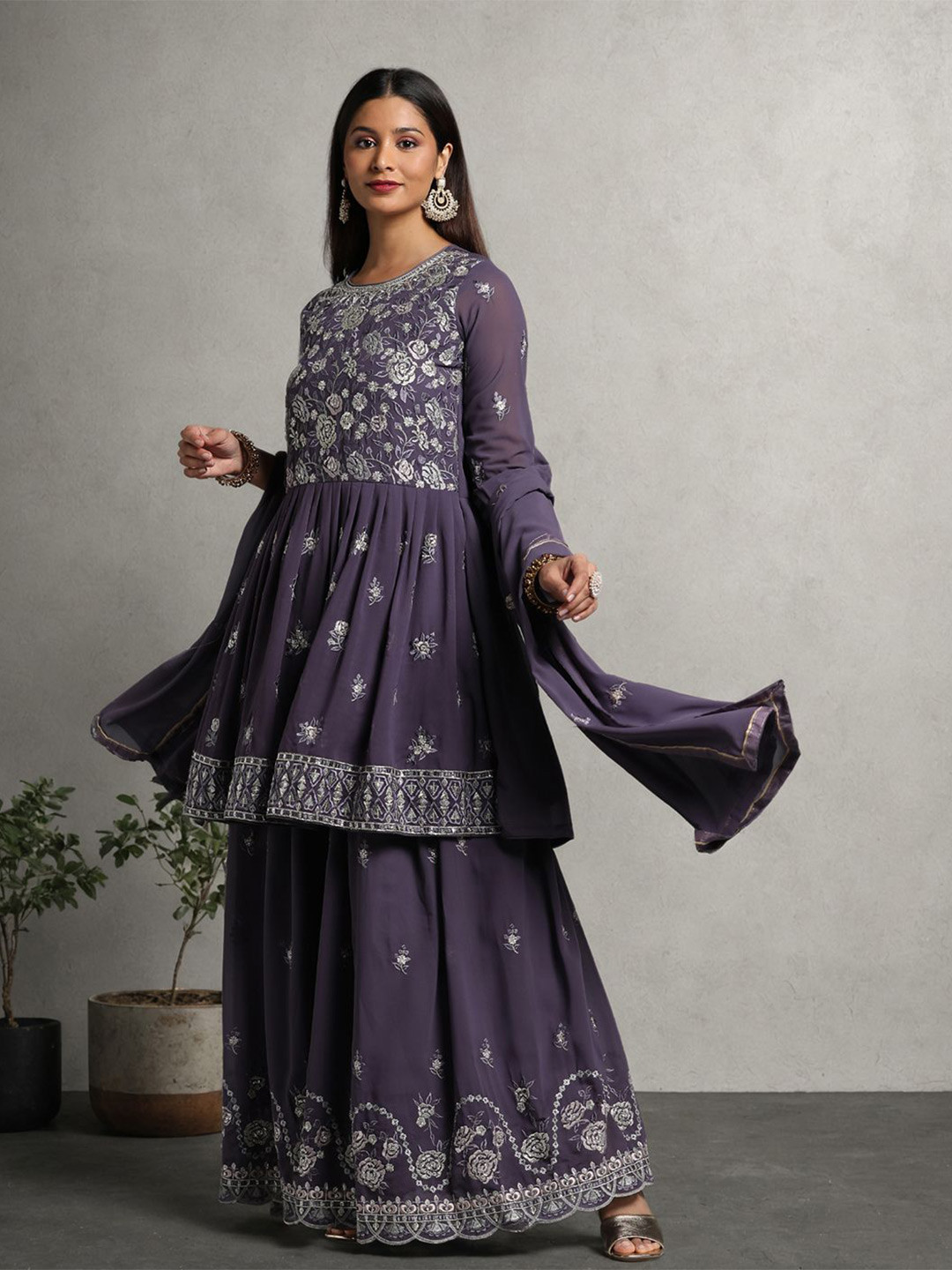 

Miss Ethnik Floral Embroidered Pleated Thread Work Kurta With Skirt & Dupatta, Purple