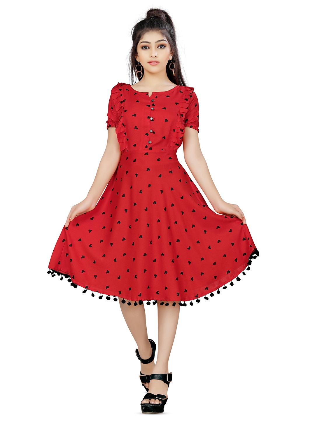 

kids villa Girls Conversational Printed Fit & Flare Dress, Red
