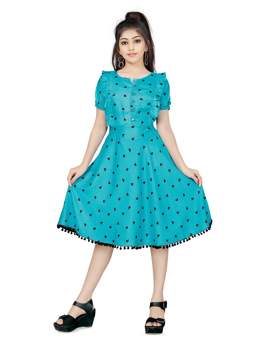 

kids villa Printed Solid Short Sleeves Fit & Flare Dress, Blue