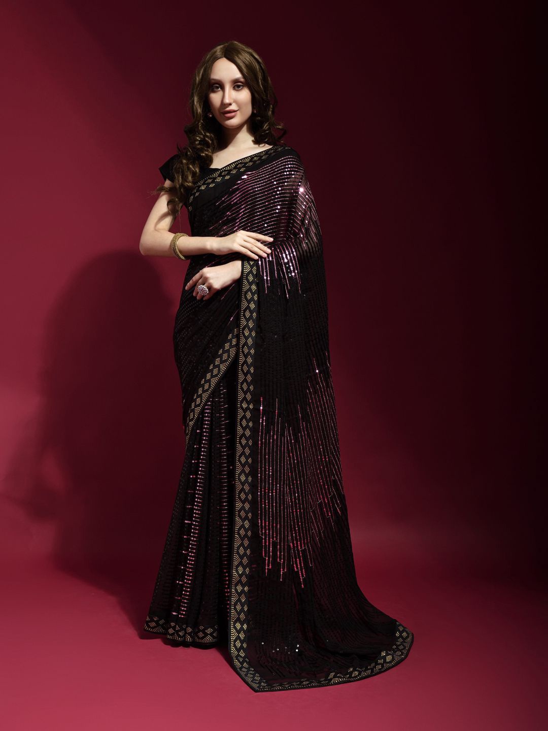 

Krimmple Striped Sequinned Pure Georgette Saree, Purple