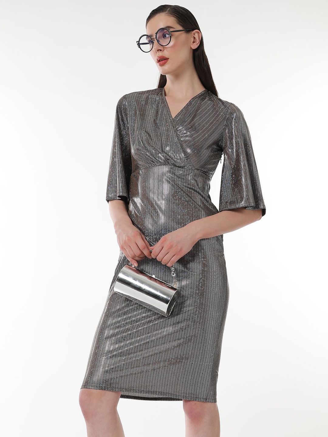 

PINACOLADA Women Antique Silver Metallic-Chevron Wrap Dress