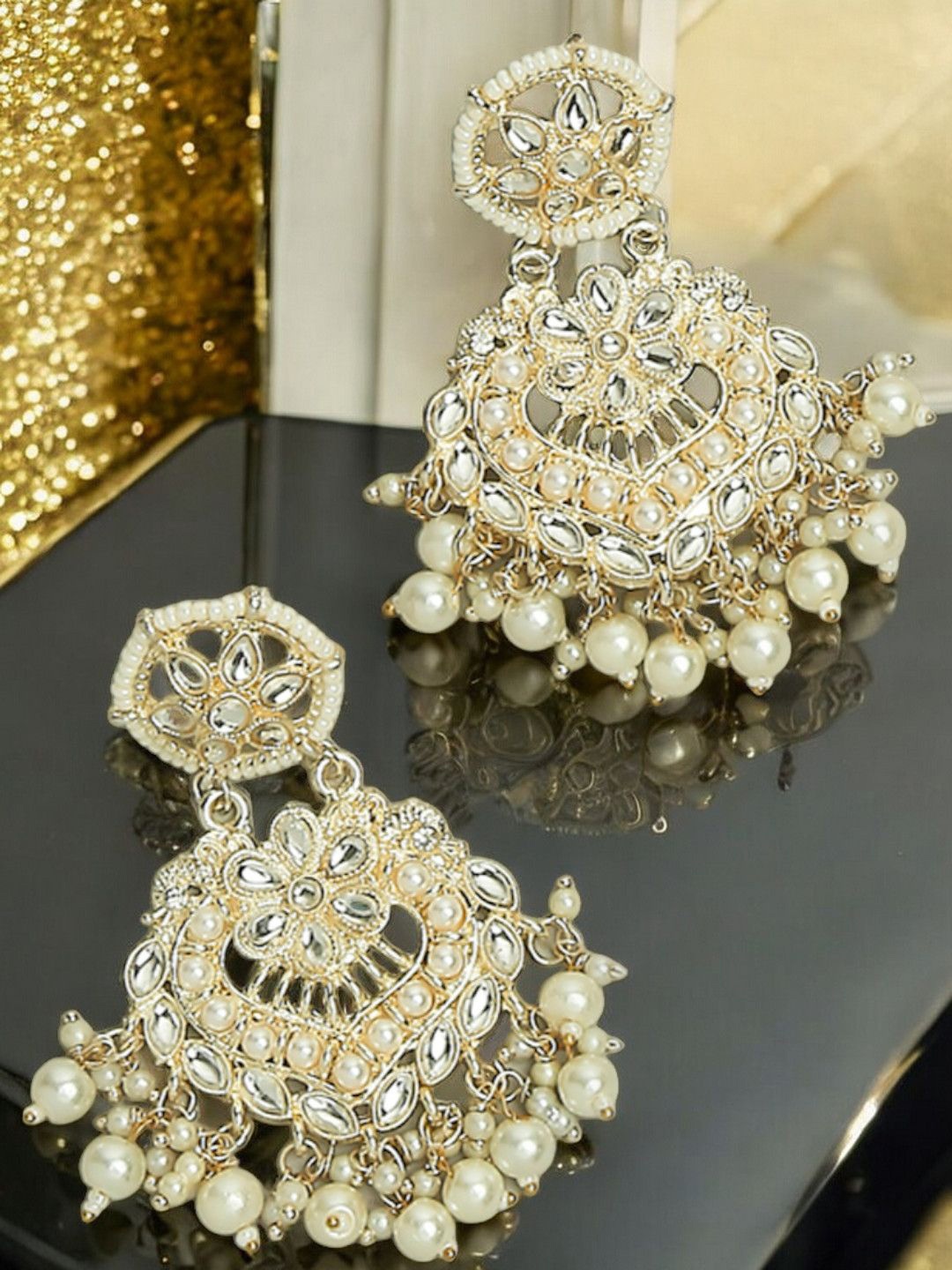 

OOMPH Floral Kundan & Pearls Jadau Chandbalis, Gold
