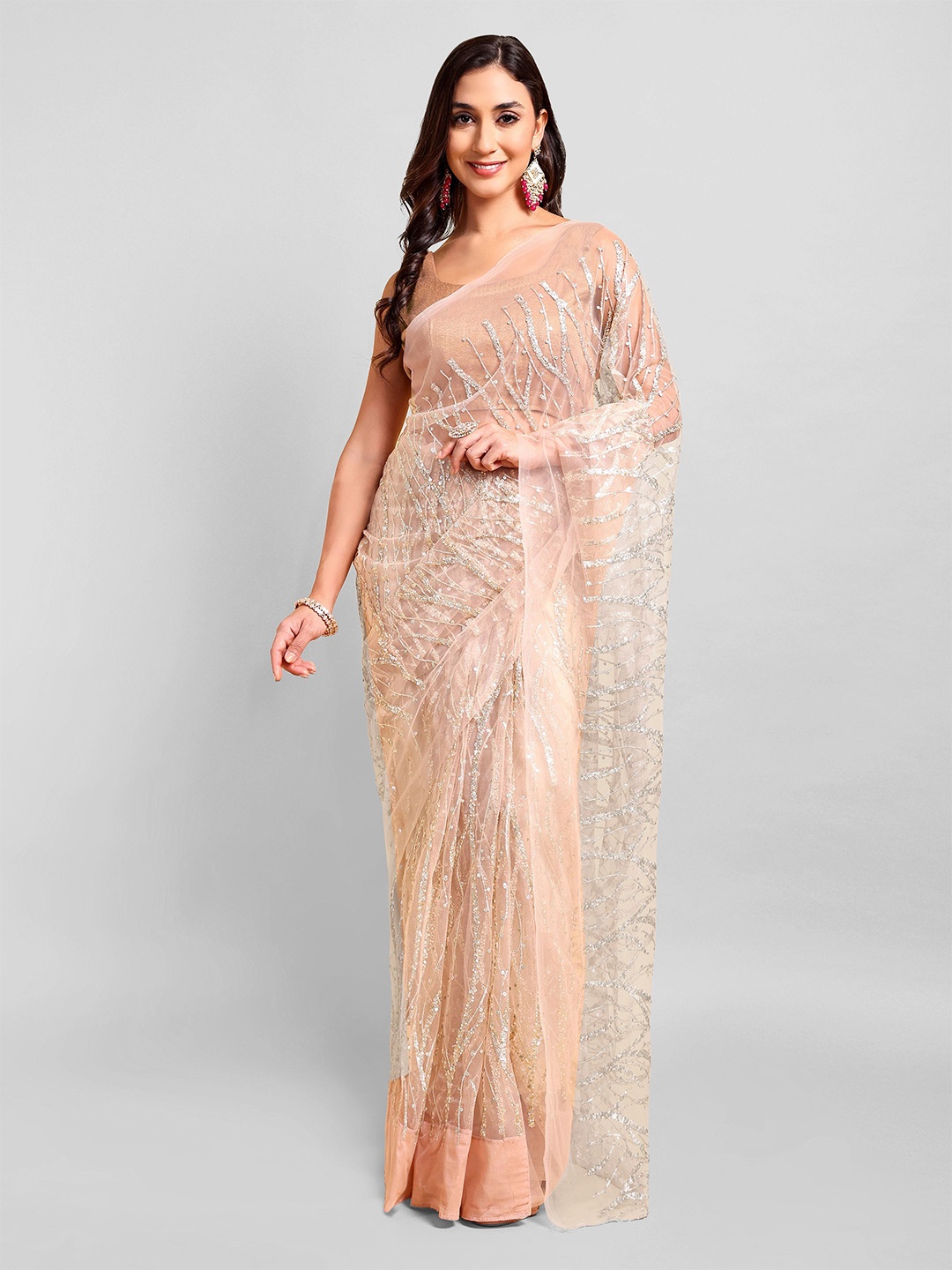 

DOERAA Abstract Embroidered Sequinned Saree, Peach