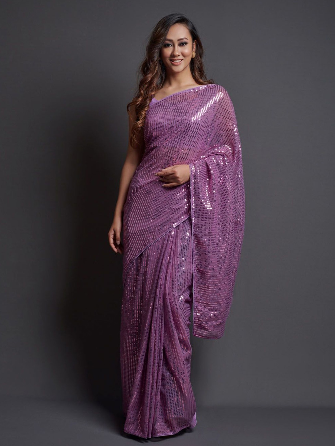 

Krimmple Embellished Sequinned Pure Georgette Saree, Purple