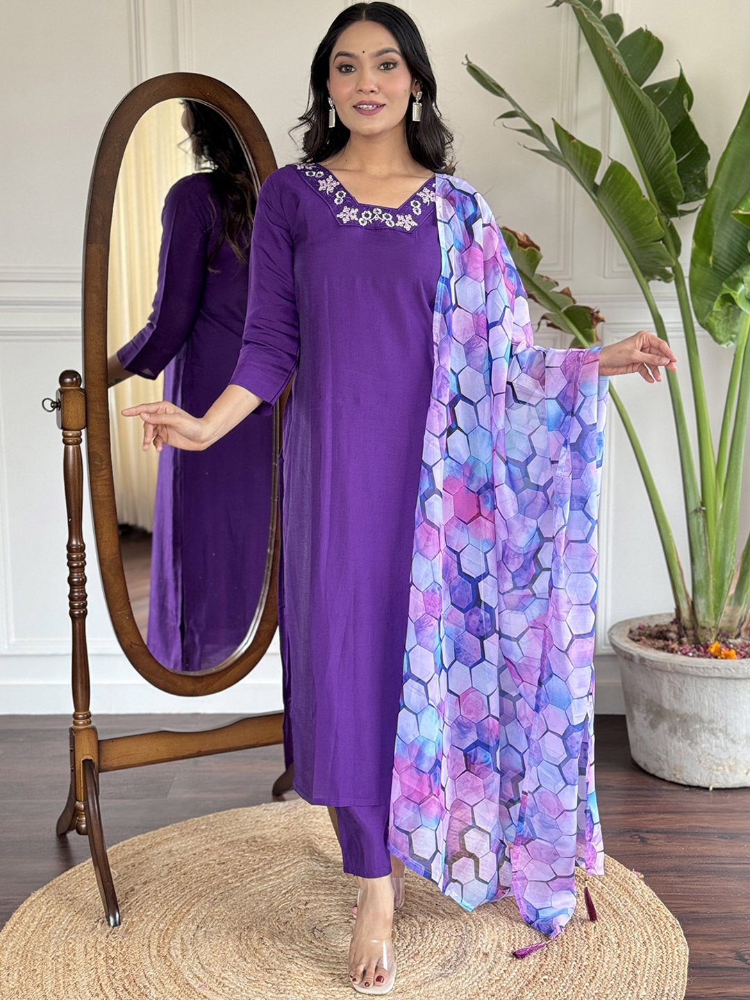 

KALINI Violet Floral Thread Work Straight Kurta with Trouser & Dupatta