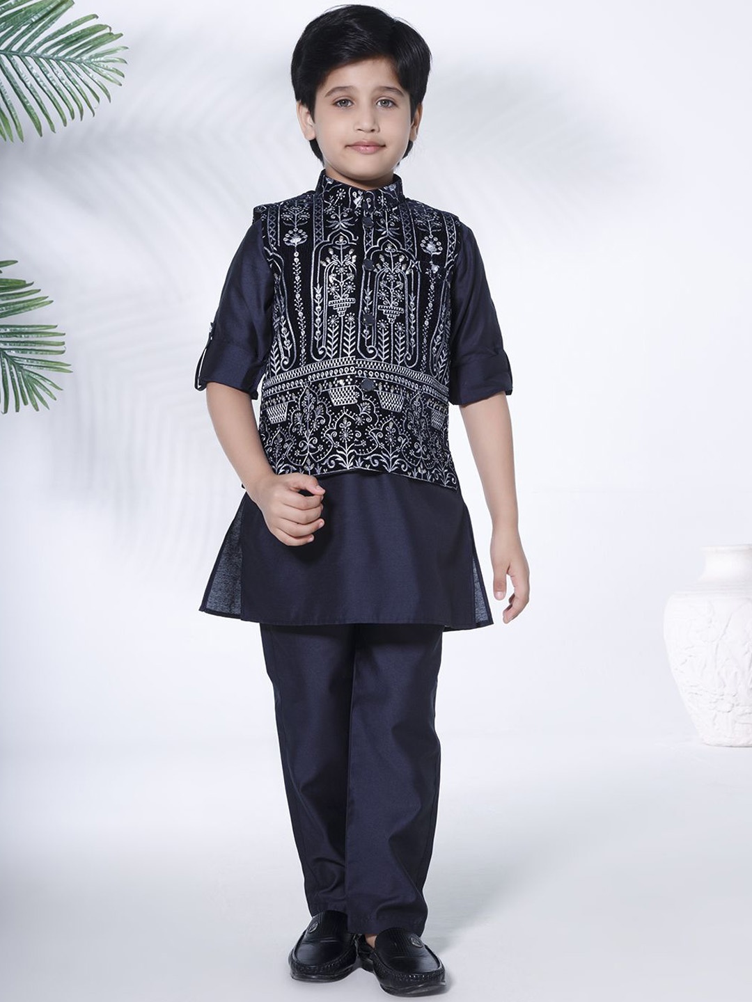 

Ministitch Boys Mandarin Collar Straight Kurta With Trouser And Embroidered Jacket, Navy blue