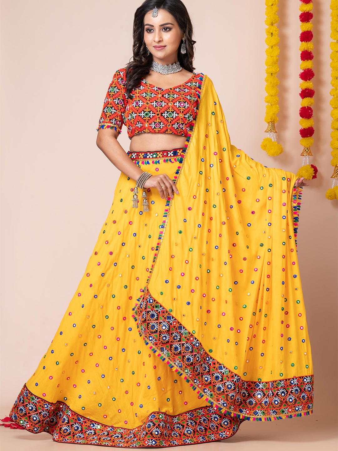 

Angroop Embroidered Mirror Work Semi-Stitched Lehenga & Unstitched Blouse With Dupatta, Yellow