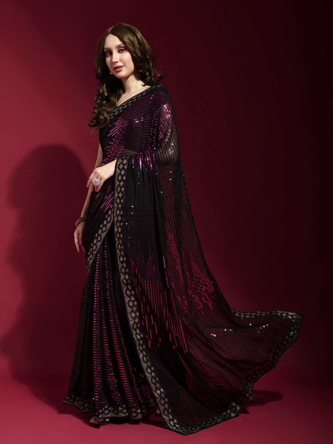 

Krimmple Striped Sequinned Pure Georgette Saree, Purple