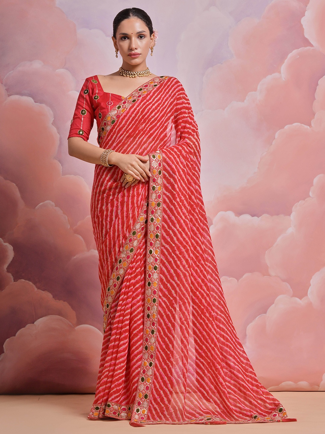 

Krimmple Leheriya Sequinned Pure Georgette Saree, Pink