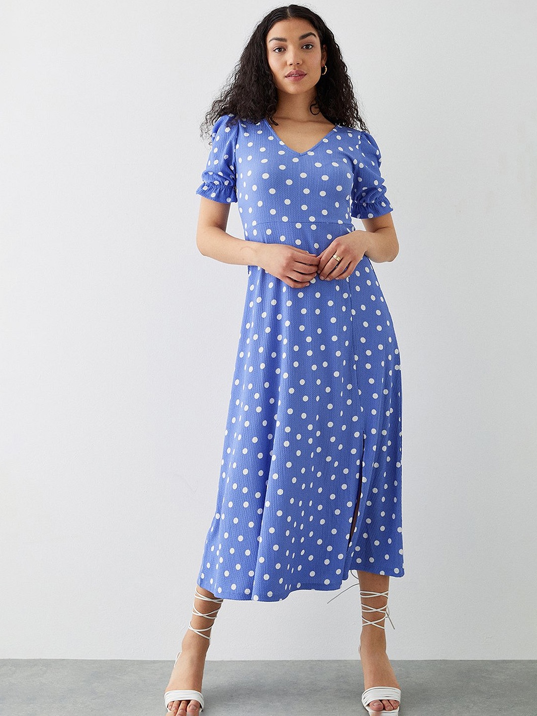 

DOROTHY PERKINS Polka Dot Print Puff Sleeve A-Line Midi Dress, Blue