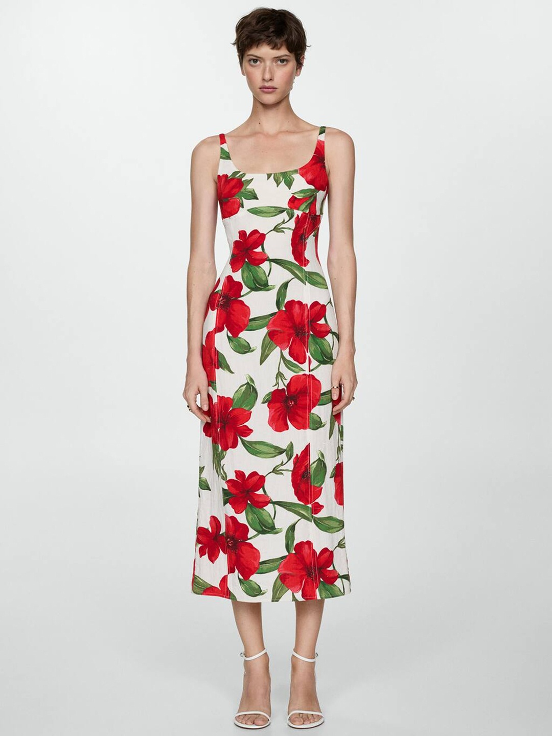 

MANGO Floral Print Sheath Midi Dress, White