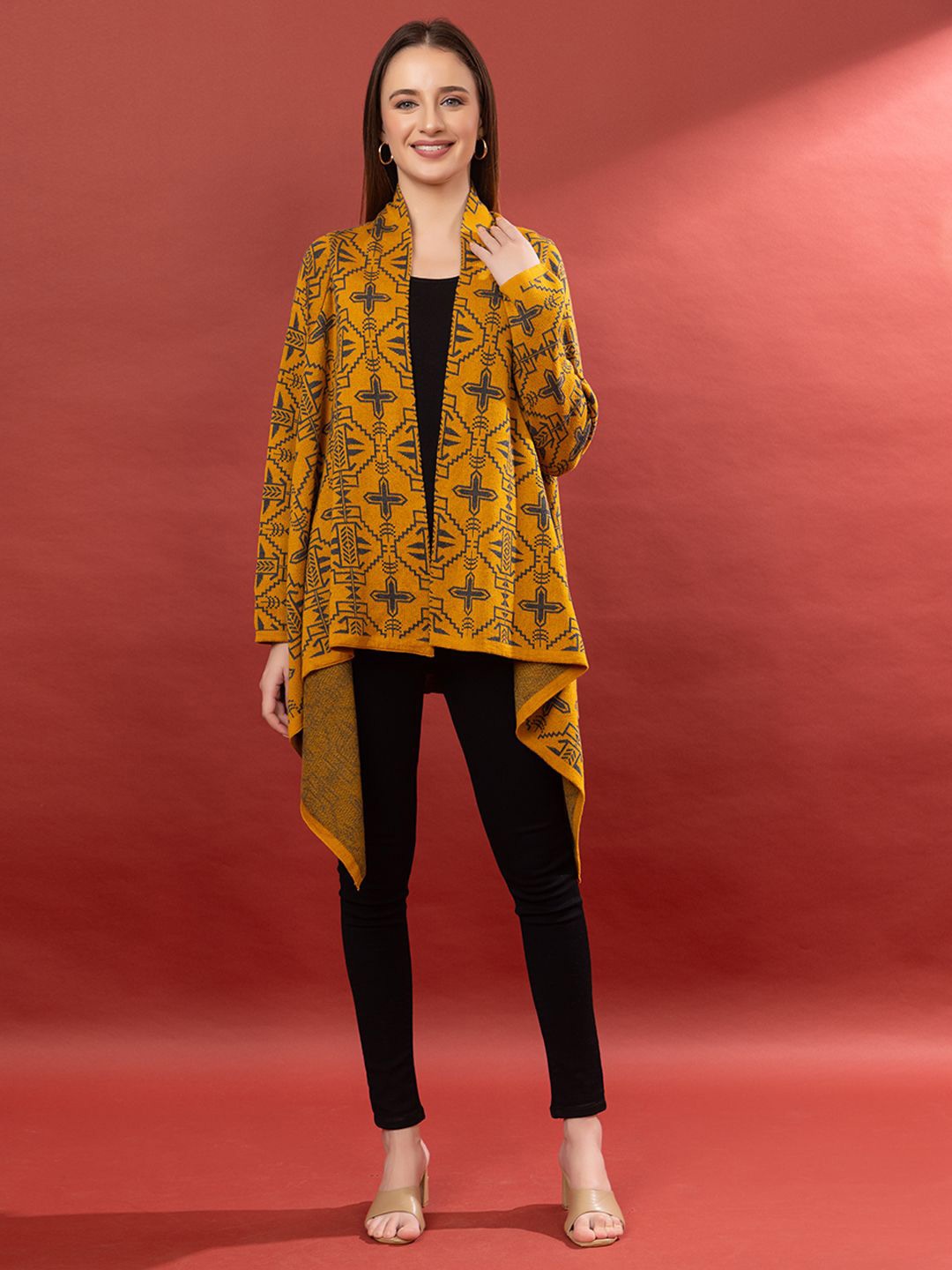

Anouk Mustard Geometric Printed Open Front Shrug