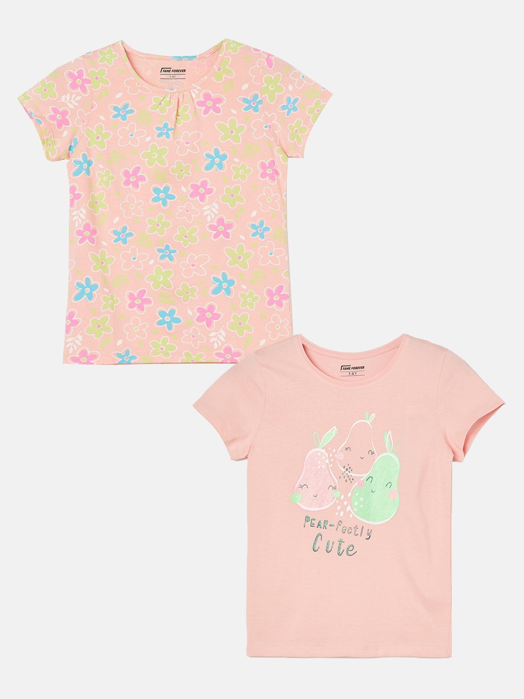 

Fame Forever by Lifestyle Girls Pack Of 2 Floral Printed Pure Cotton T-shirts, Peach