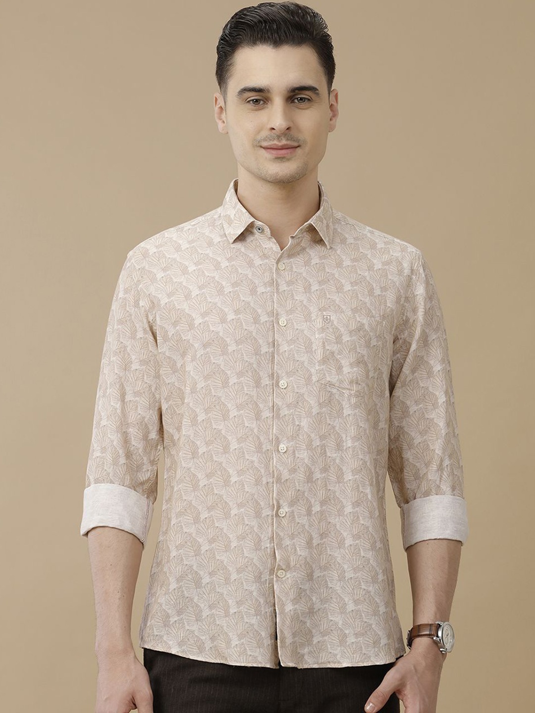 

Linen Club Men Contemporary Conversational Printed Slim Fit Casual Shirt, Beige