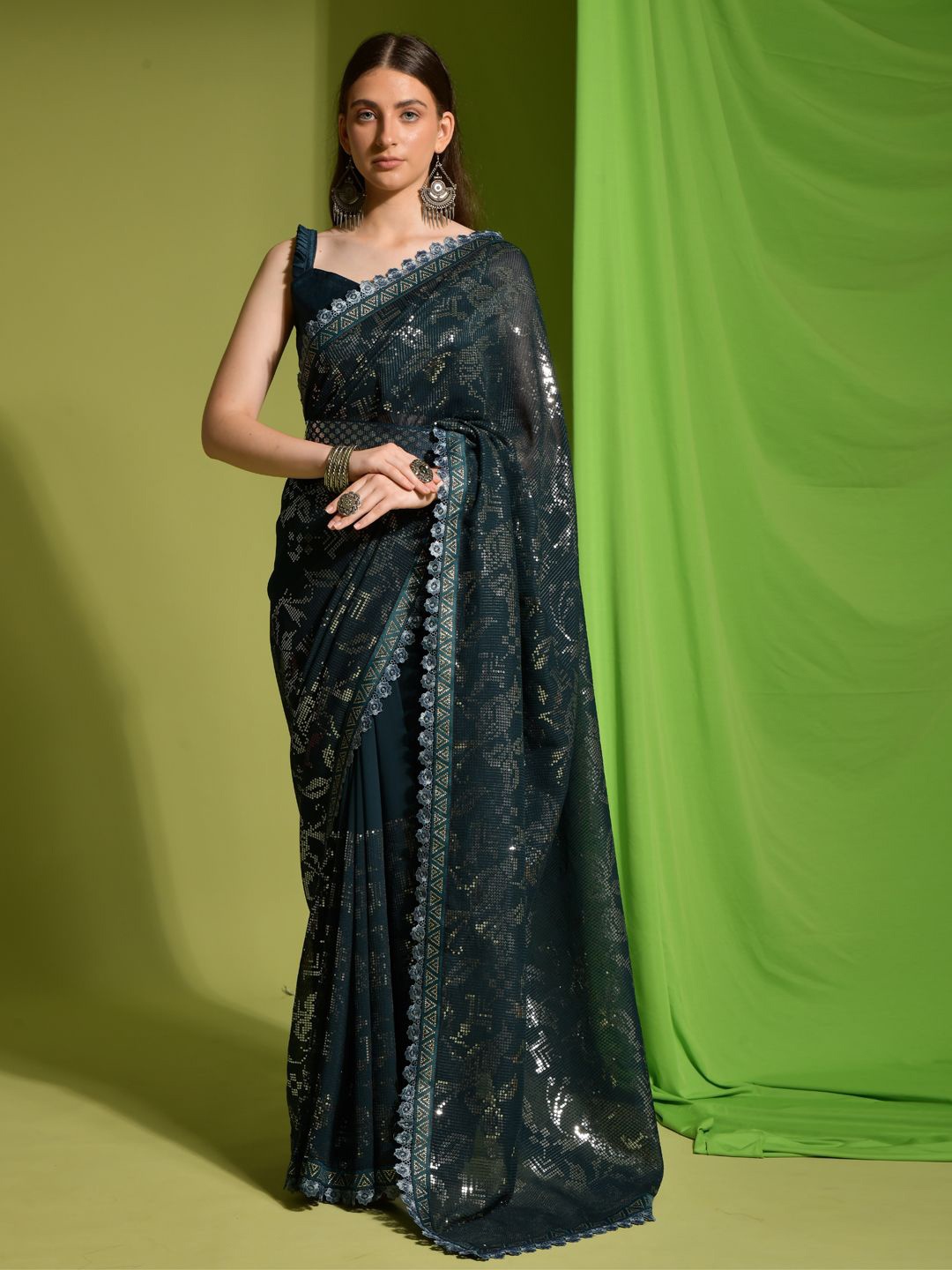 

Krimmple Sequinned Pure Georgette Saree, Green