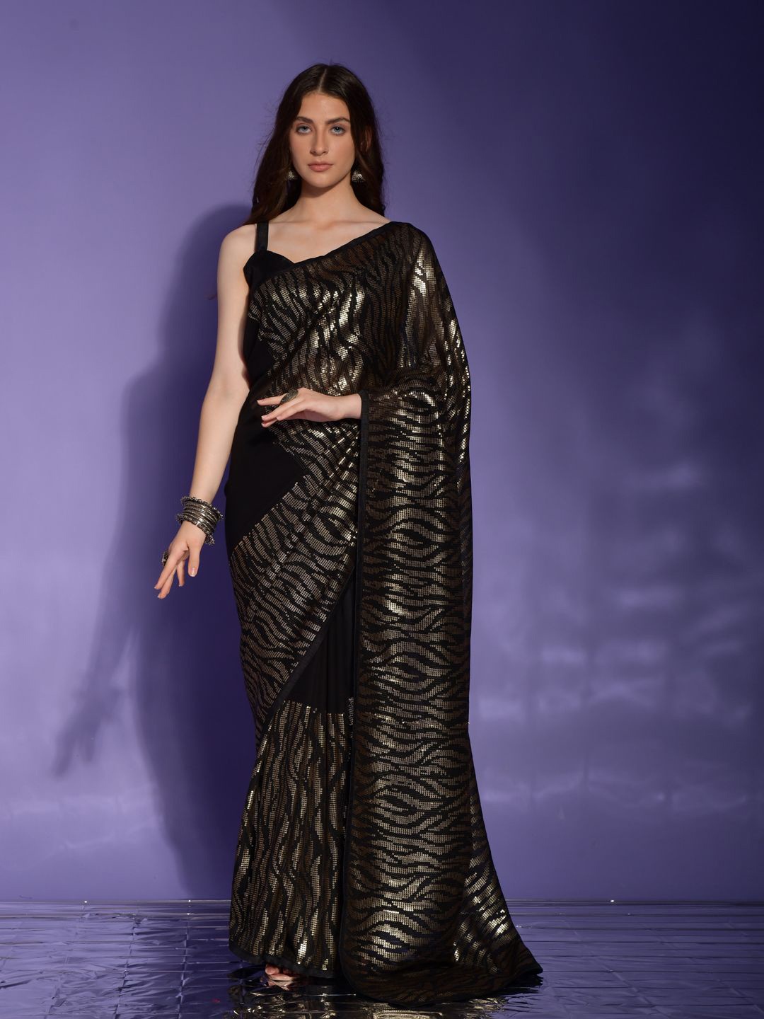 

Krimmple Sequinned Pure Georgette Fusion Saree, Black