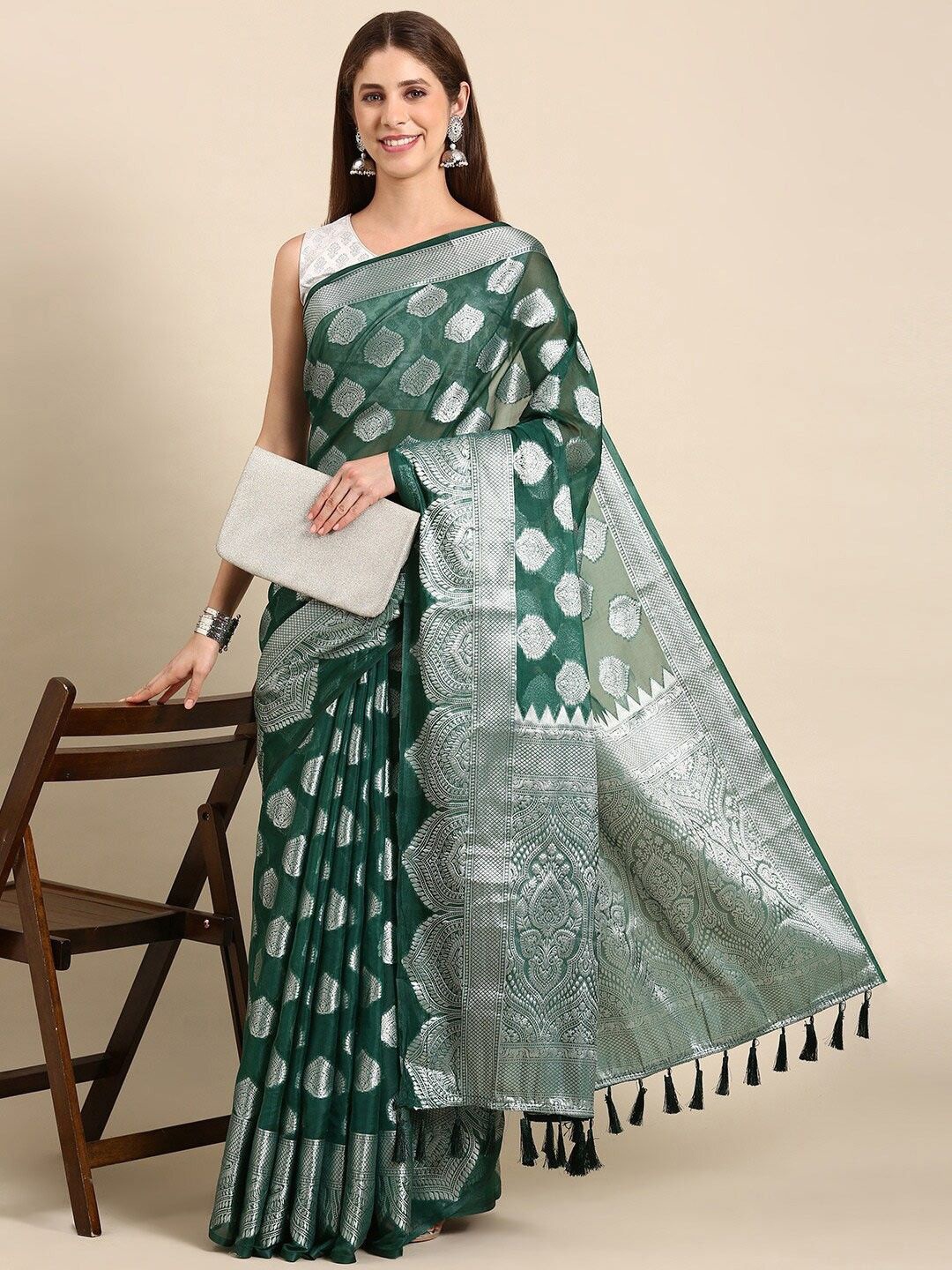 

Anouk Ethnic Motif Zari Organza Saree, Green