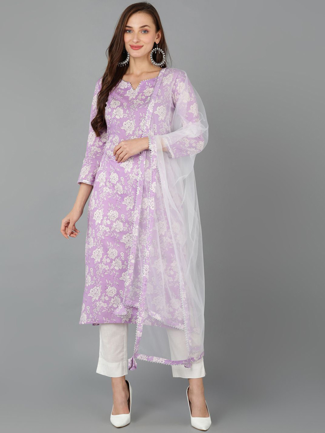 

AHIKA White & Purple Floral Printed Notch Neck Gotta Patti Kurta with Trousers & Dupatta