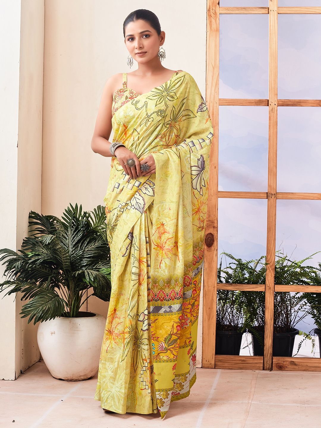 

Mitera Floral Pure Linen Ikat Saree, Yellow