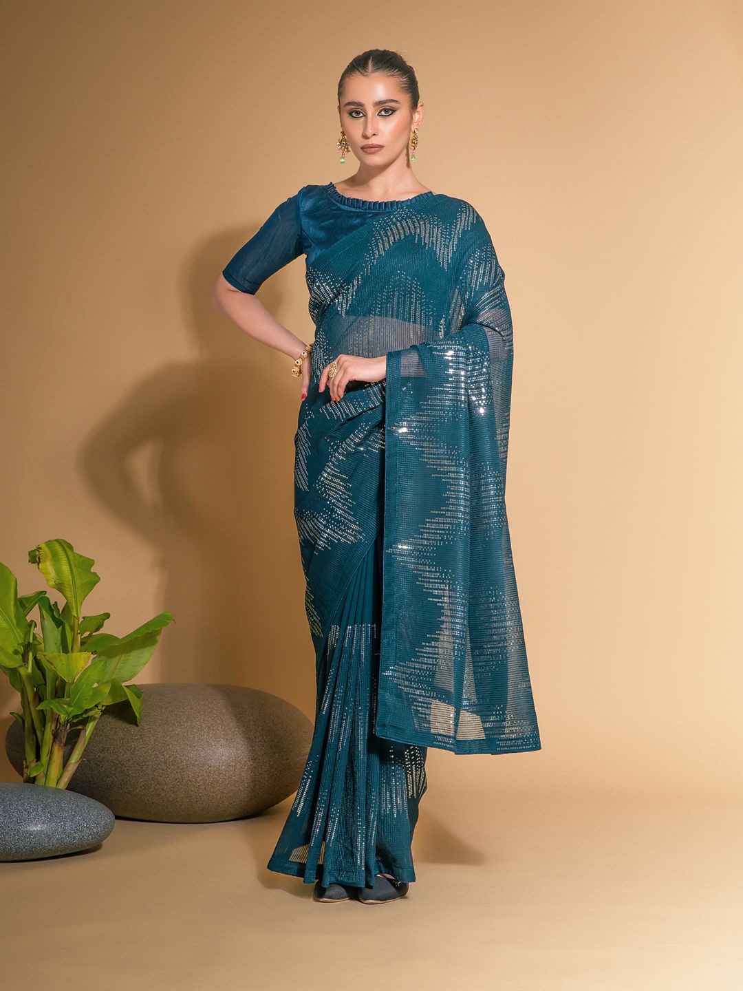 

Krimmple Sequinned Pure Georgette Saree, Blue