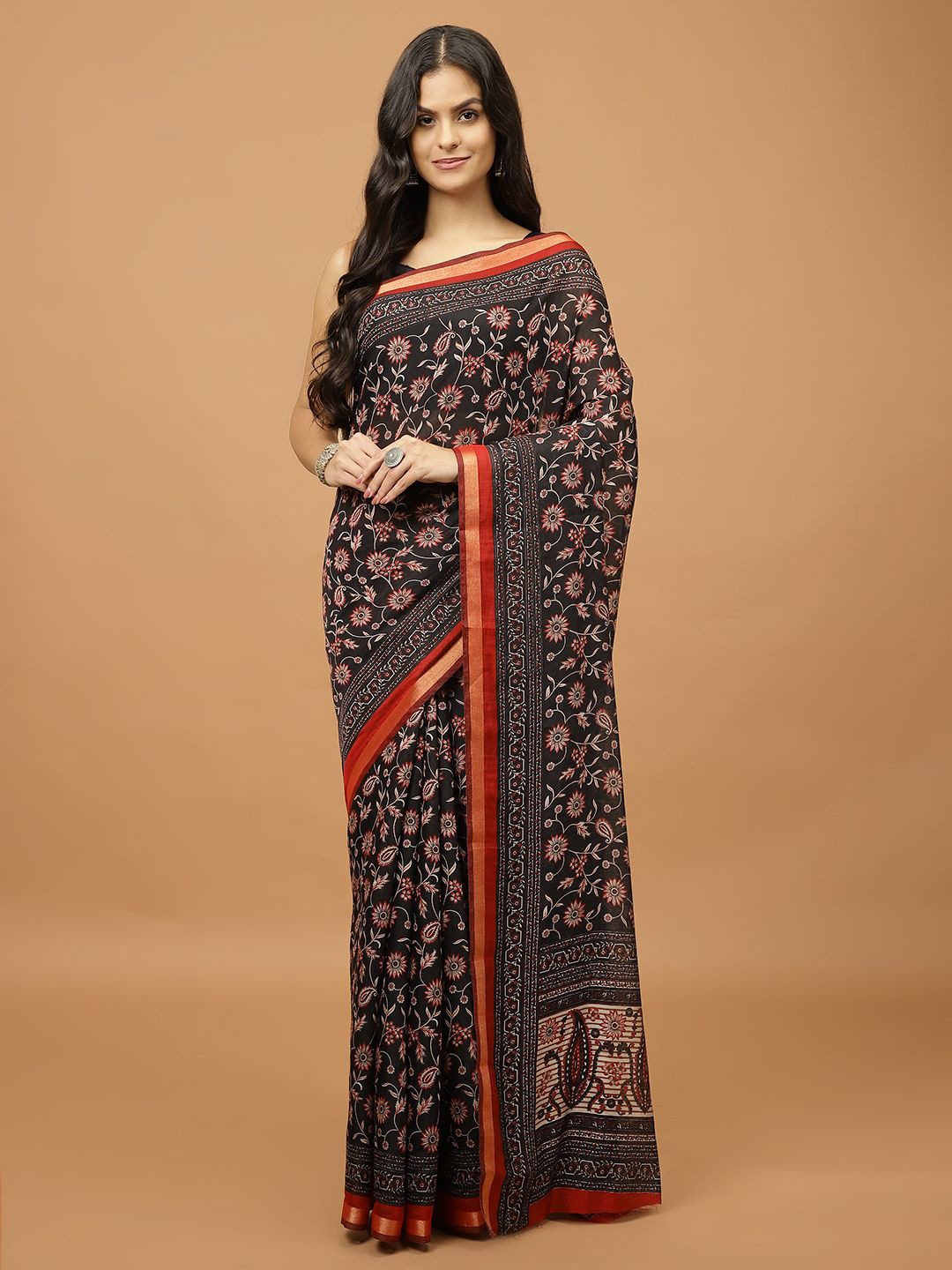 

Meena Bazaar Floral Printed Zari Saree, Black