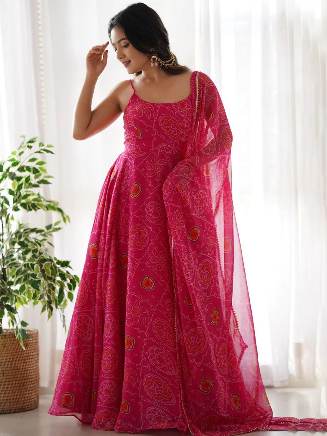 

Kedar Fab Floral Printed Georgette Fit and Flare Ethnic Dresses With Dupatta, Pink