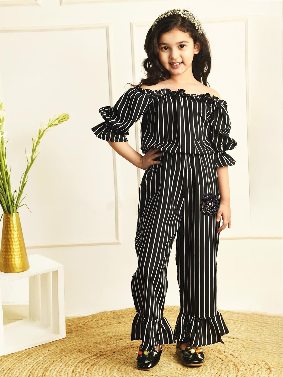 

RANJ Girls Off-Shoulder Striped Basic Jumpsuit, Black