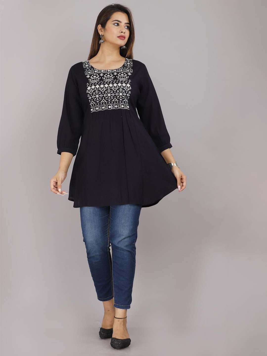 

KALINI Women Floral Embroidered Scoop Neck Top, Navy blue