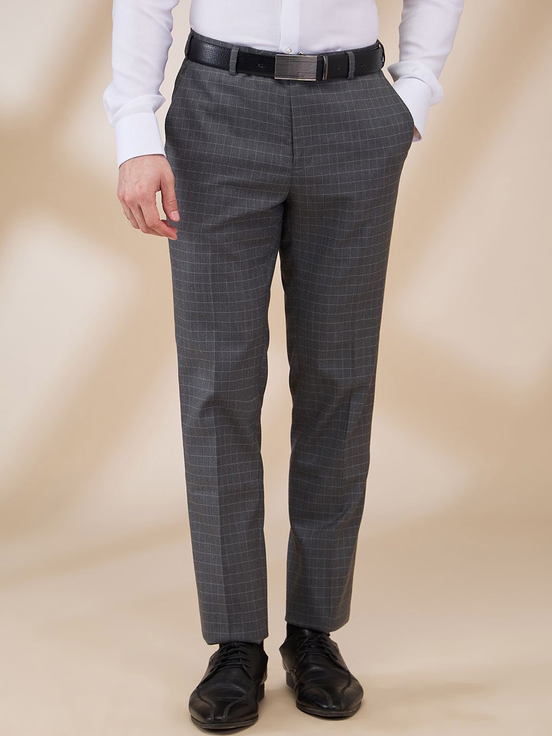 

Raymond Men Slim-Fit Checked Mid Rise Formal Trousers, Grey