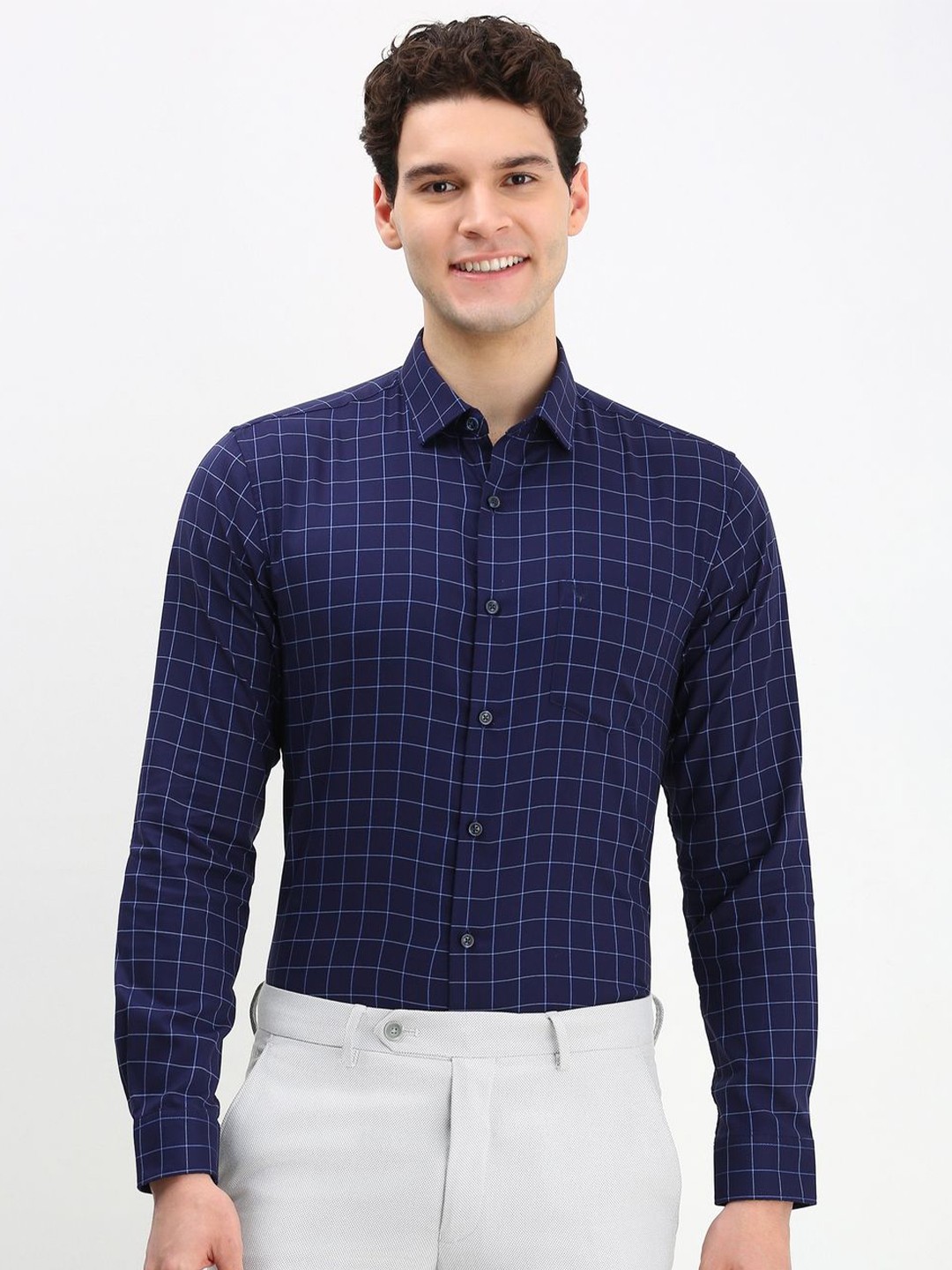 

Allen Solly Men Checked Cotton Slim Fit Formal Shirt, Navy blue