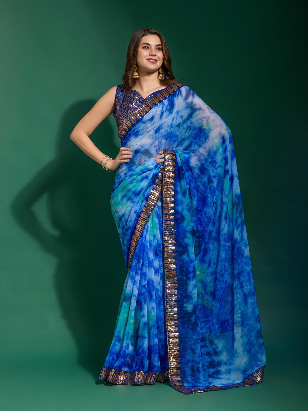 

Krimmple Paisley Sequinned Pure Chiffon Saree, Blue
