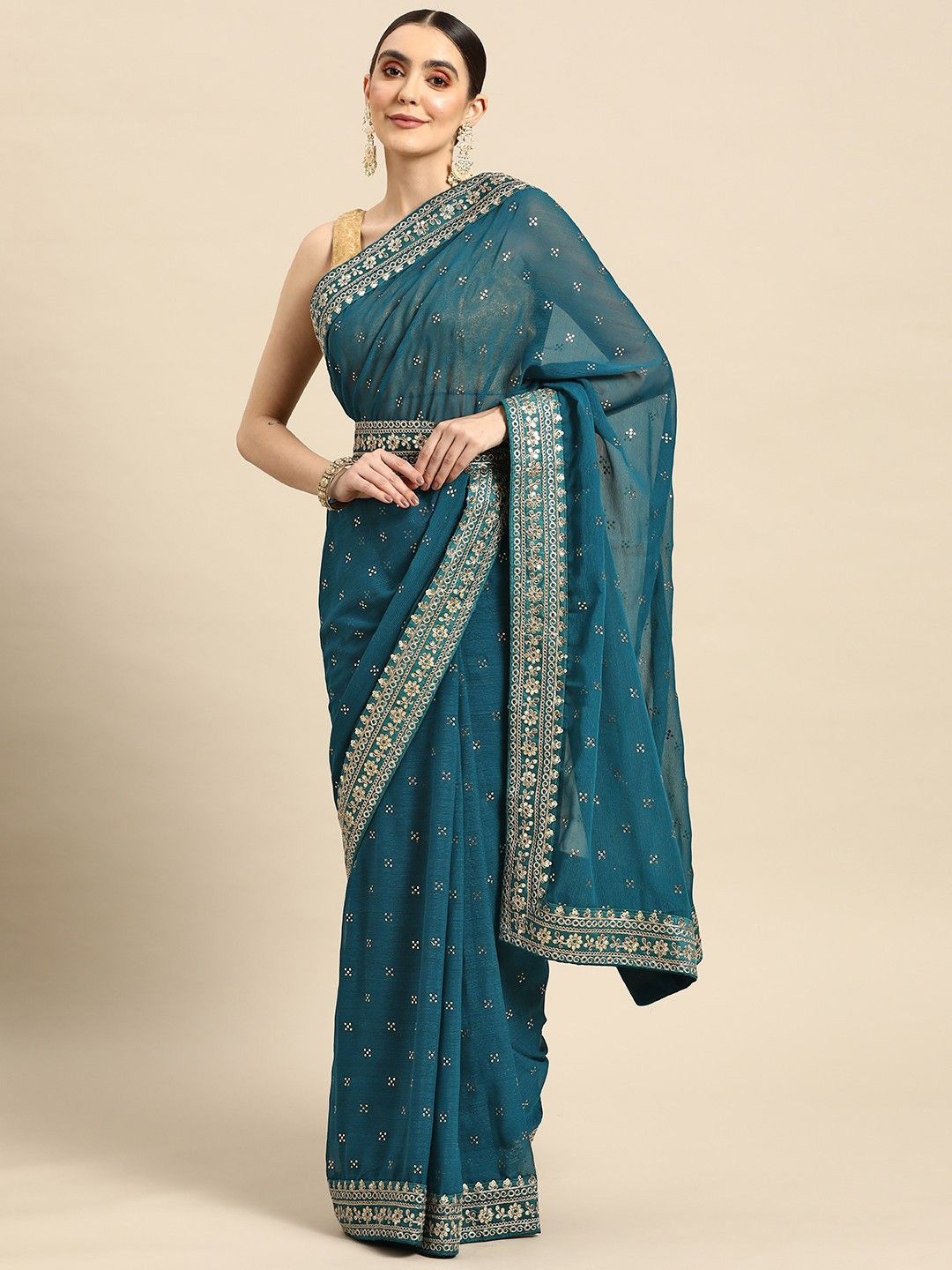 

Anouk Floral Embroidered Embellished Belted Saree, Teal
