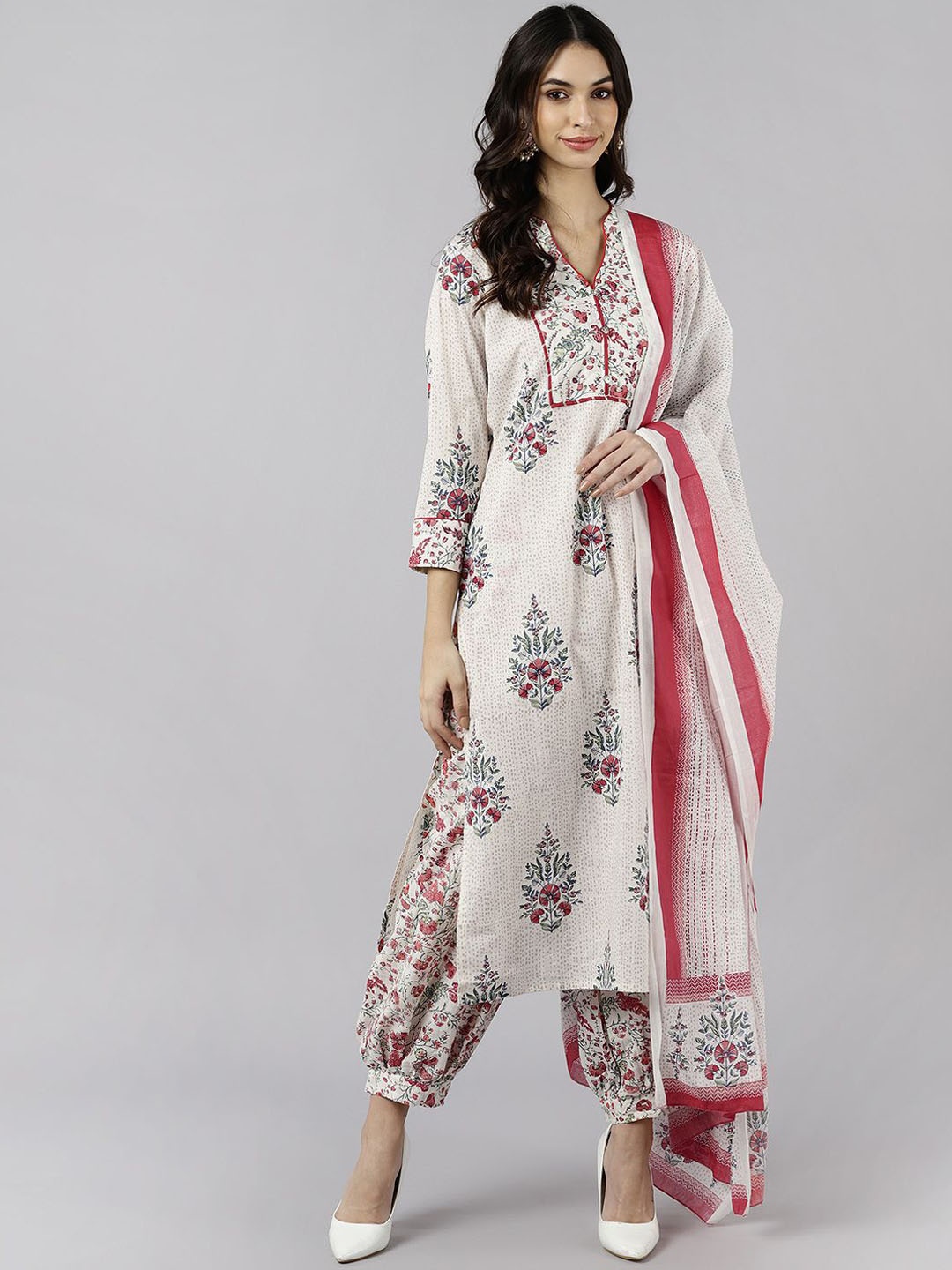 

AHIKA Floral Printed Regular Pure Cotton Straight Kurta with Salwar & Dupatta, Off white