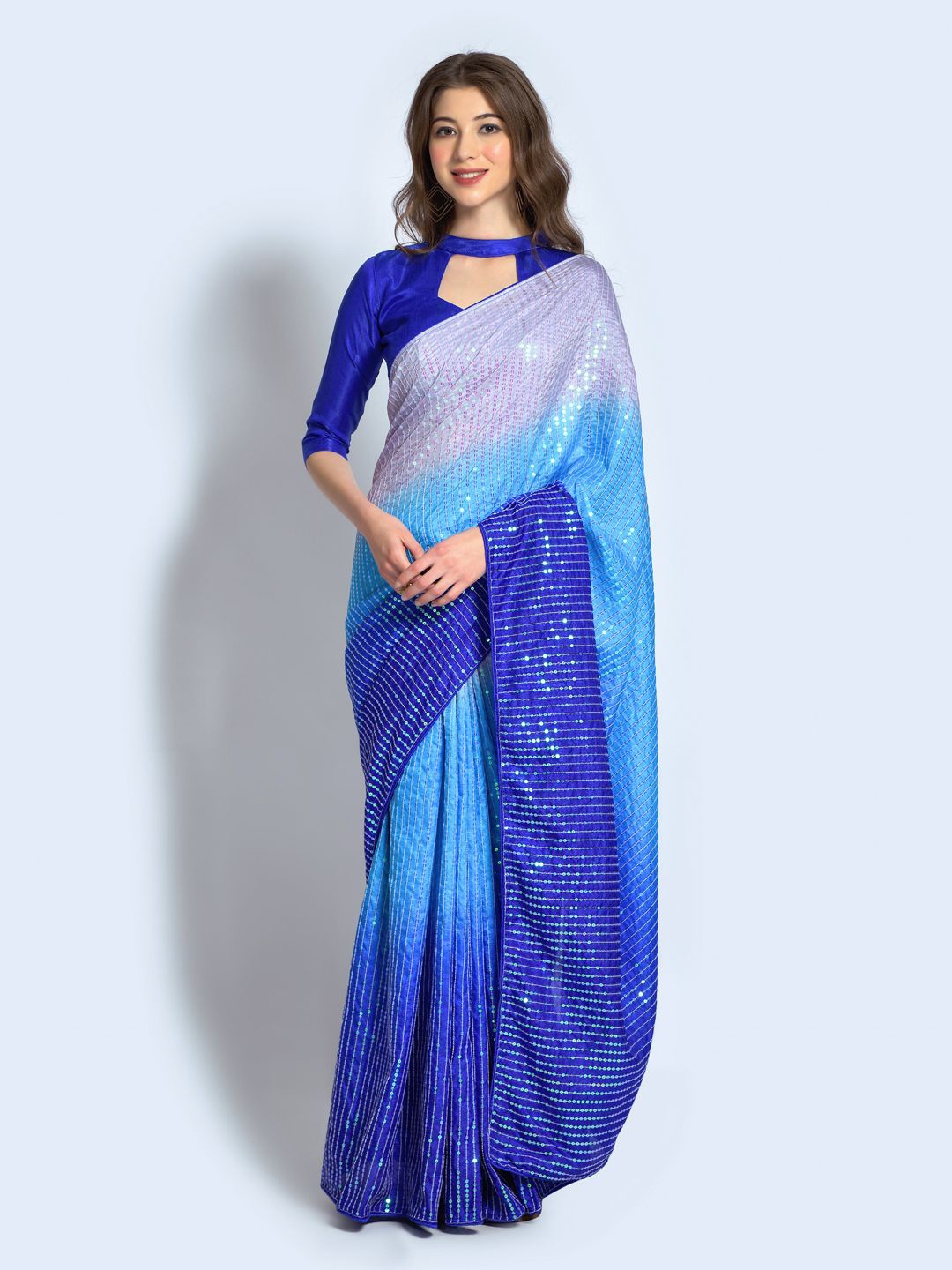 

Krimmple Striped Sequinned Art Silk Fusion Saree, Blue