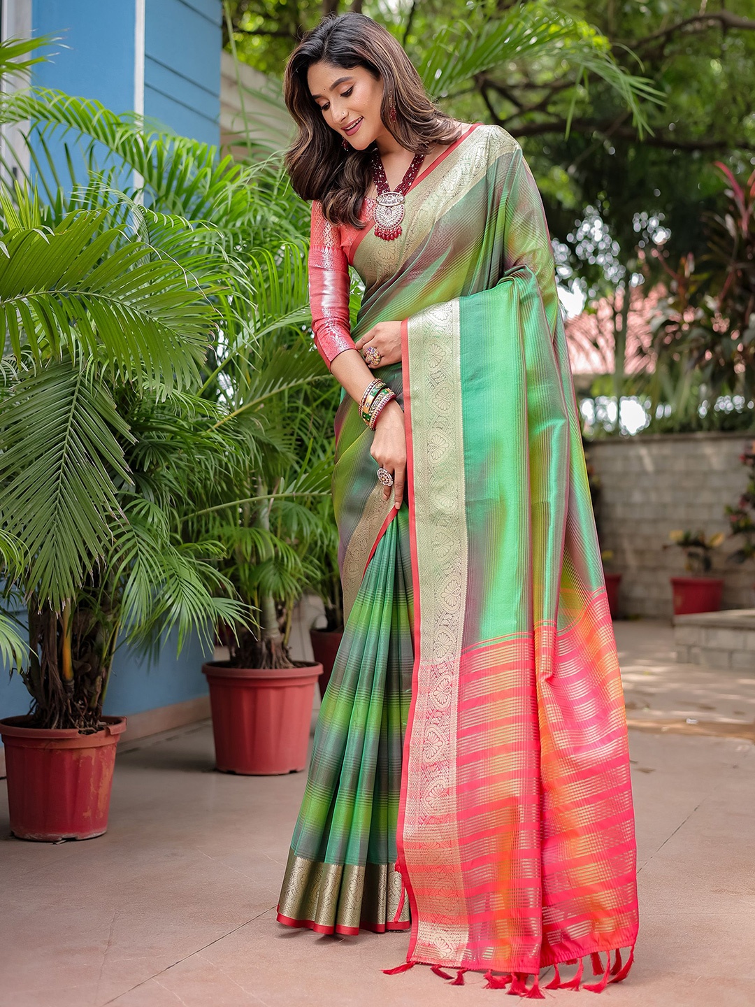 

Anouk Striped Zari Tissue Designer Banarasi Saree, Green