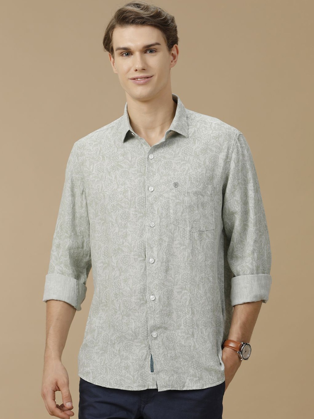

Linen Club Men Contemporary Slim Fit Opaque Printed Casual Shirt, Green