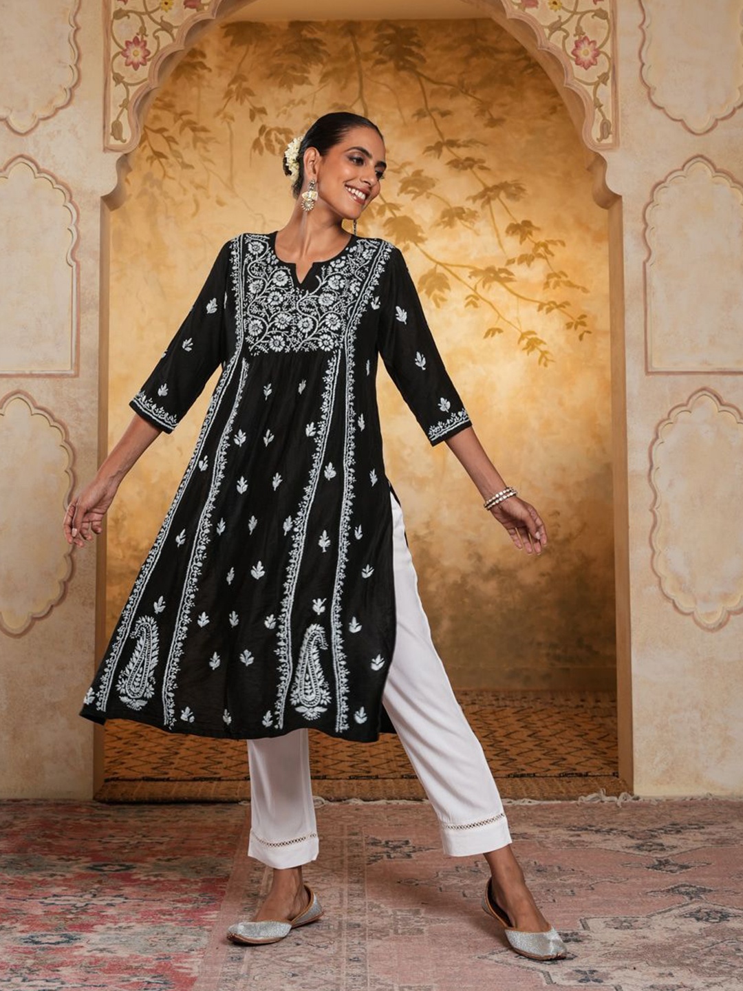 

House of Chikankari Chikankari Printed Kurta, Black