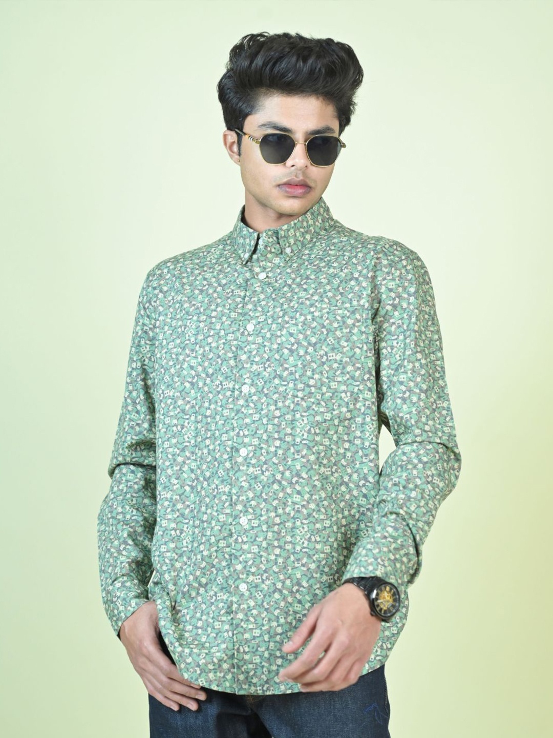 

MARC JOBBS Men Comfort Printed Spread Collar Cotton Shirt, Green