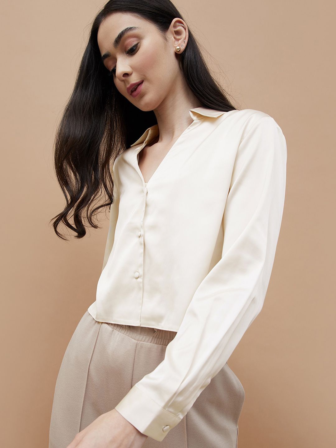

Ginger by Lifestyle Women Solid Shirt Collar Top, Off white