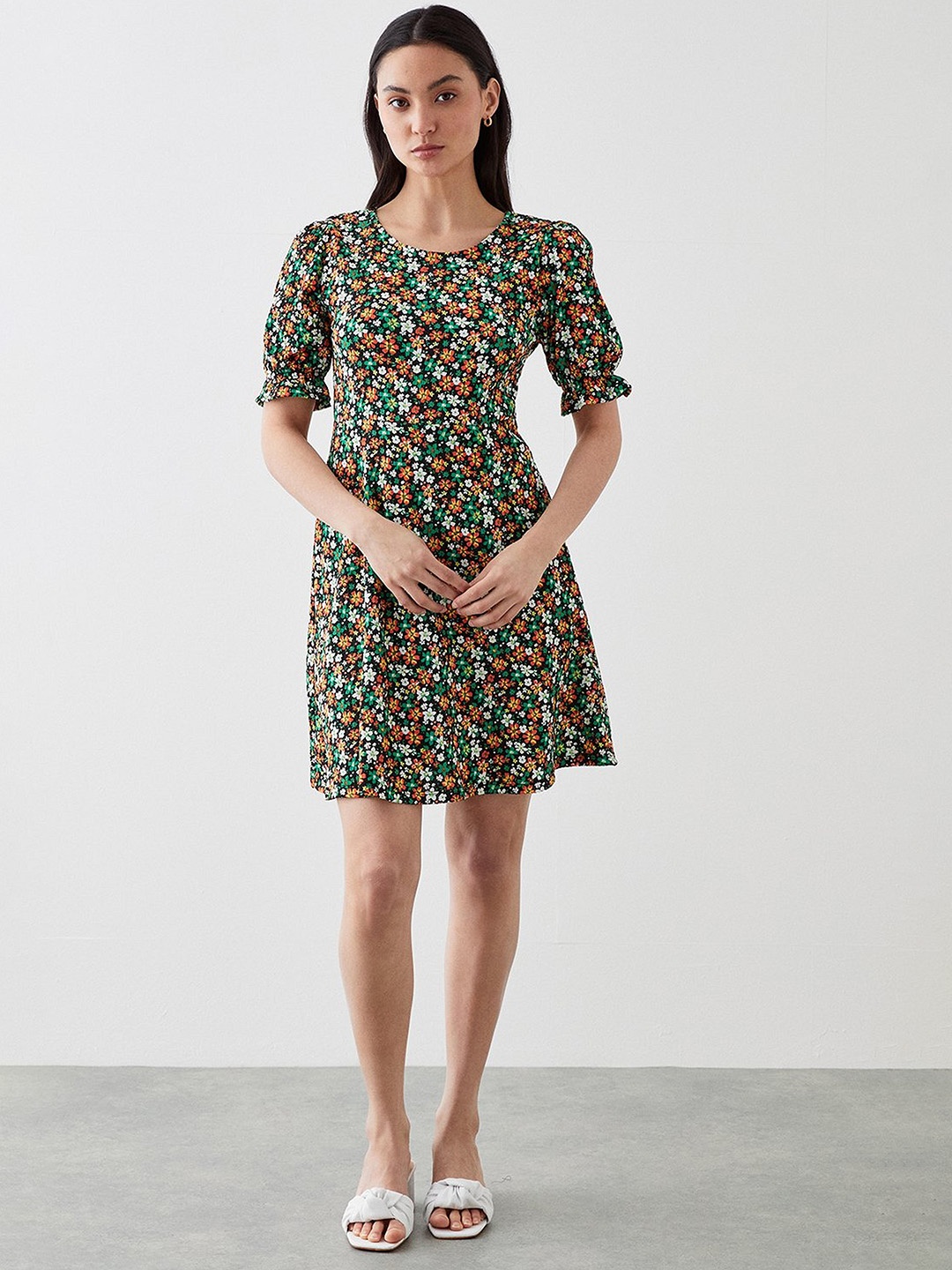 

DOROTHY PERKINS Petite Floral Print Puff Sleeve A-Line Dress, Black