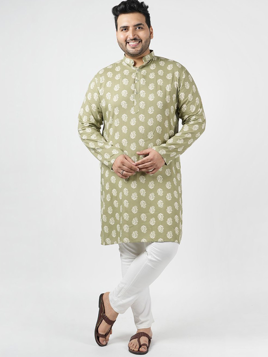 

LastInch Floral Printed Band Collar Neck Long Sleeves Regular Viscose Rayon Straight Kurta, Green