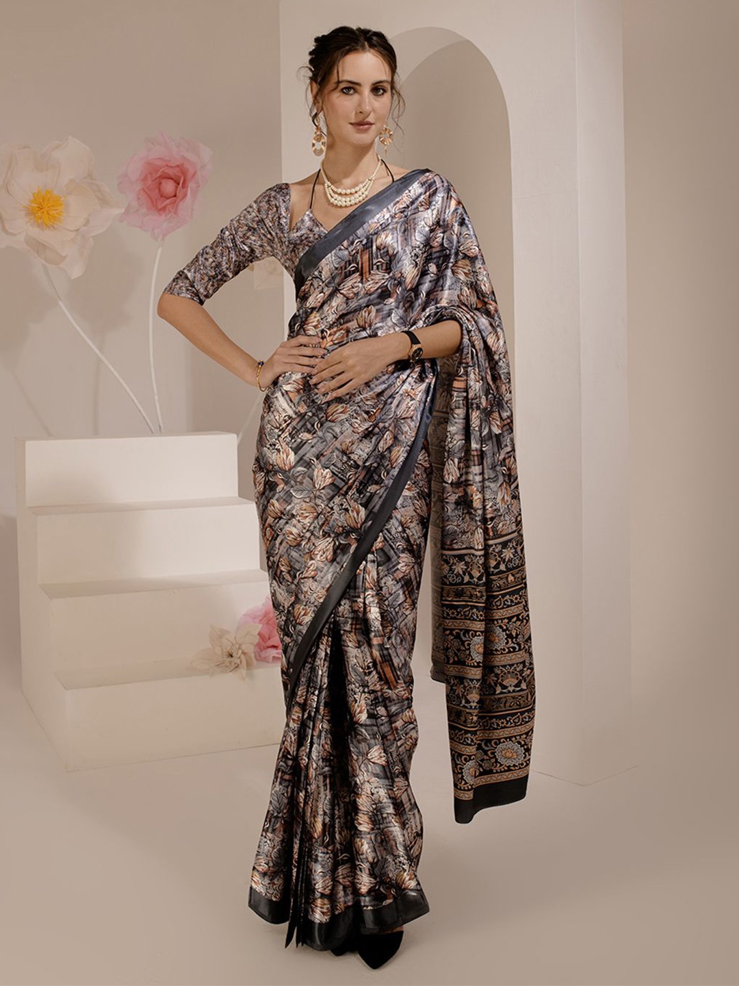 

BAESD Abstract Printed Pure Silk Saree, Black