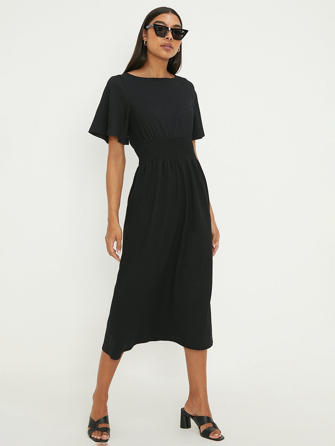 

DOROTHY PERKINS Sleeve Fit & Flare Midi Dress with Smocked Detail, Black