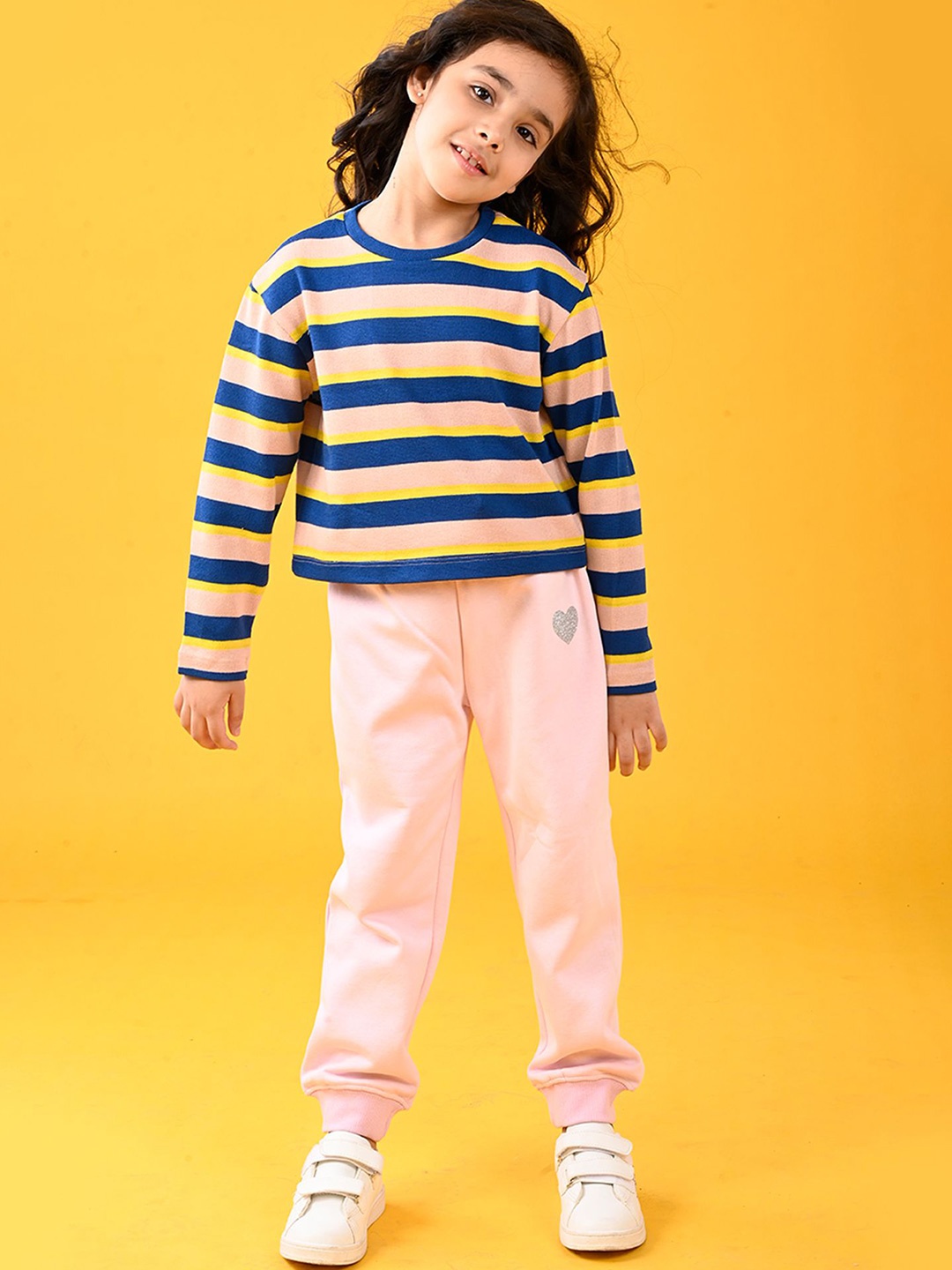 

Anthrilo Girls Striped Round Neck T-shirt With Joggers, Pink