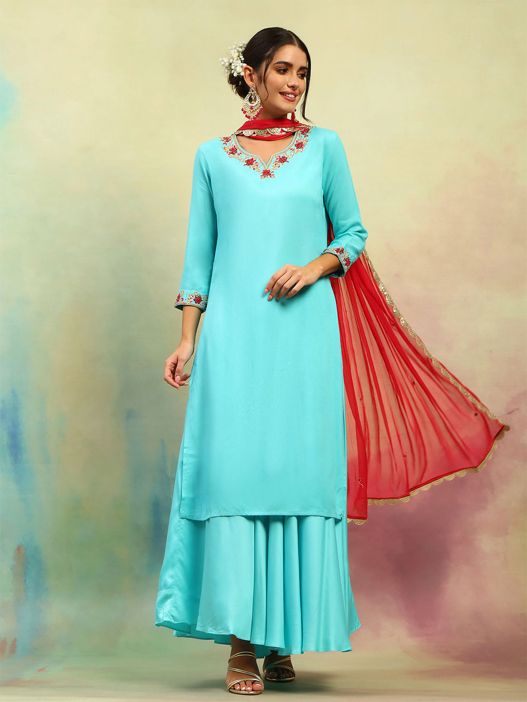 

Khushal K Floral Embroidered Kurta With Skirt & Dupatta, Turquoise blue